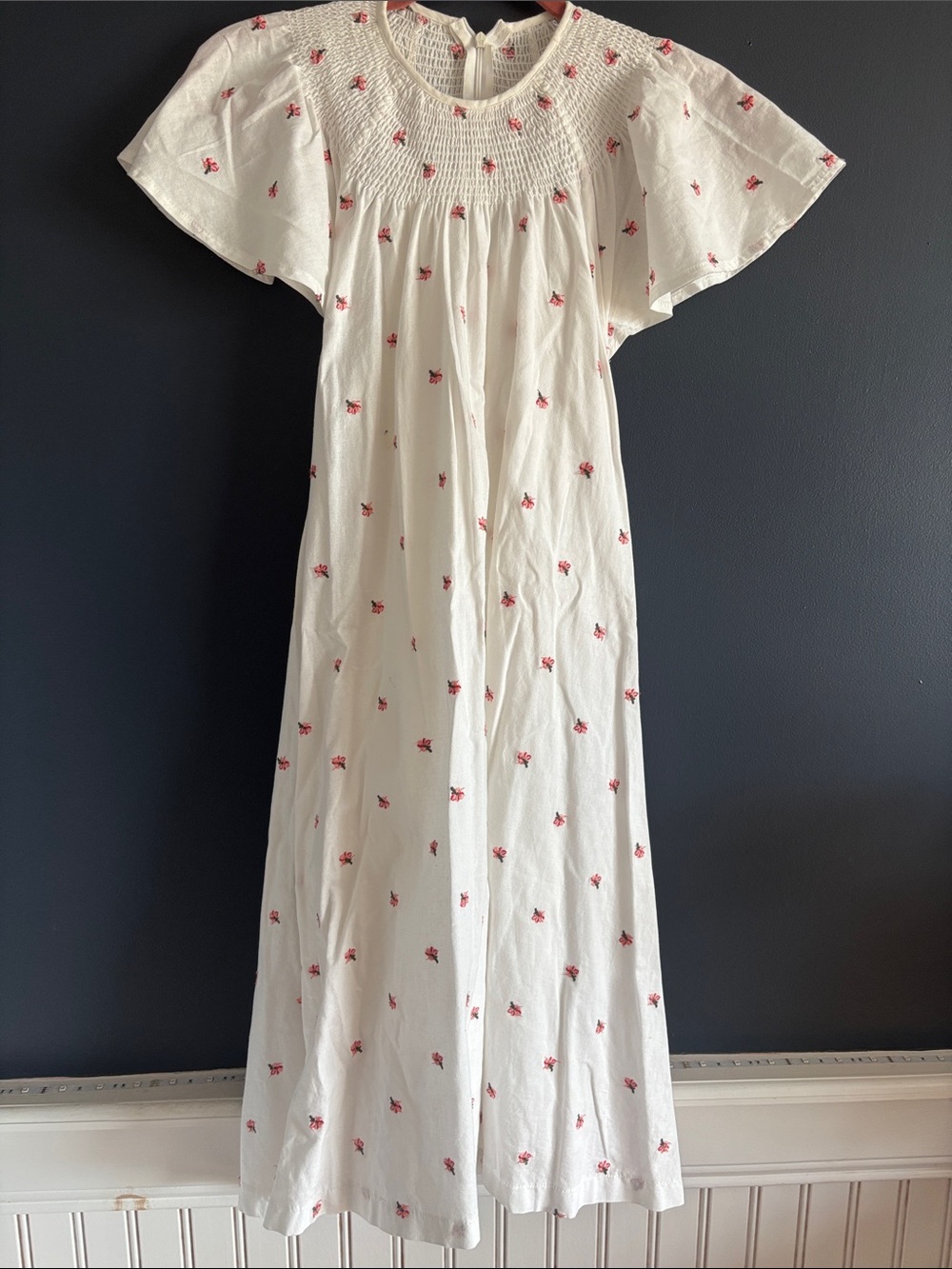 Ivory Smocked Dress with Pink Floral Embroidery